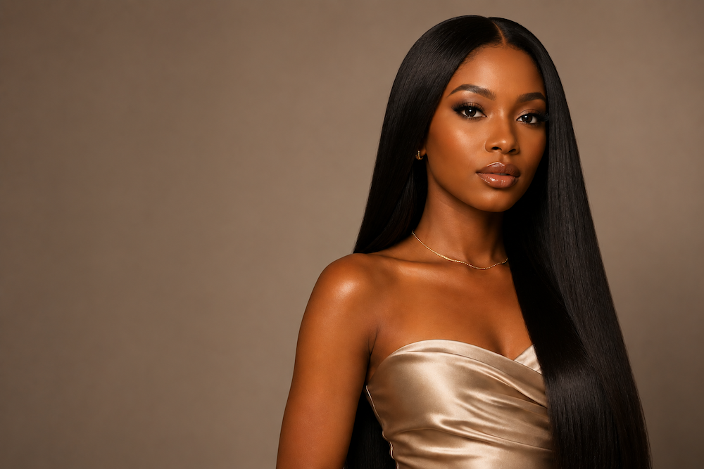 A woman with long, straight, glossy black hair wearing a strapless champagne satin top, posed against a solid warm brown studio background.